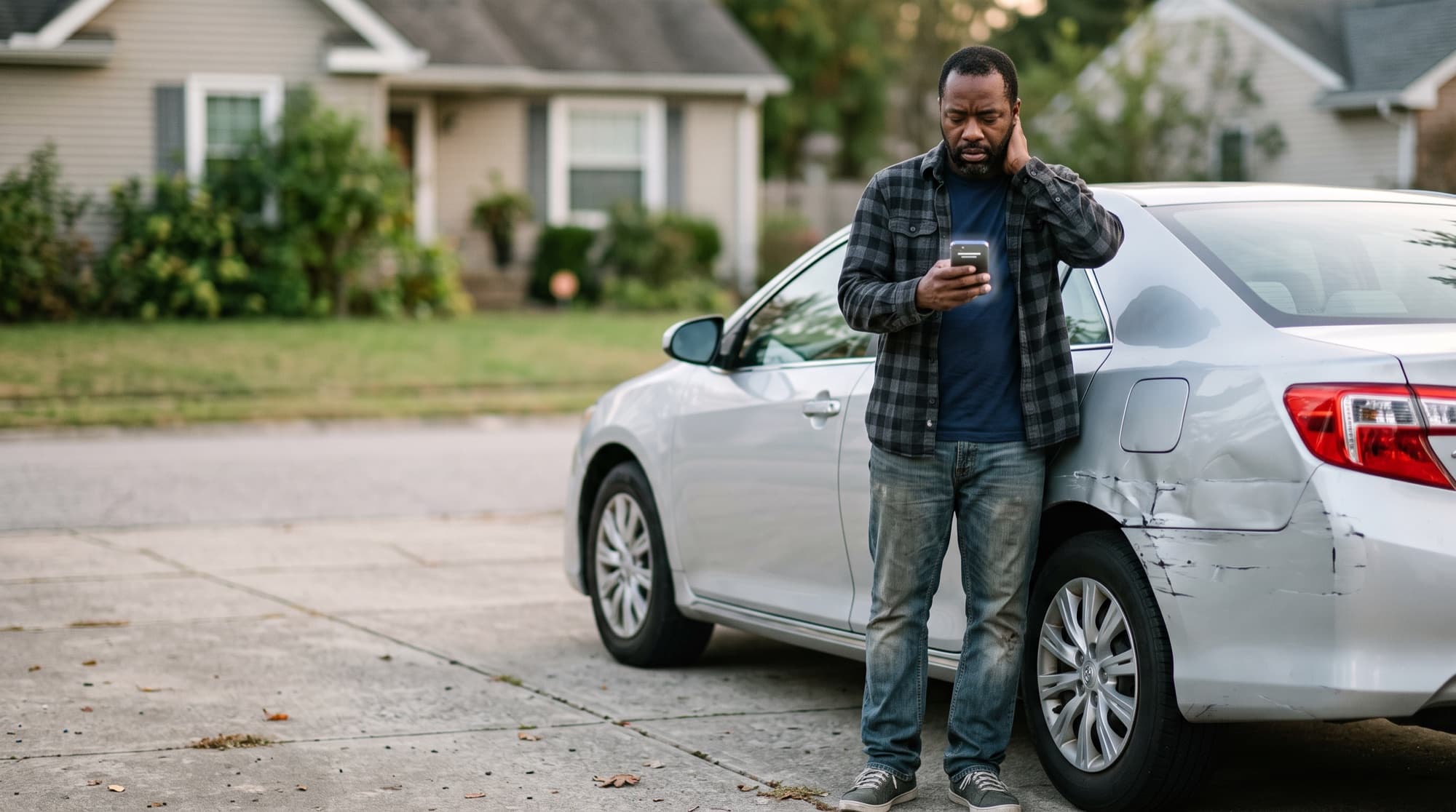 Man beside his dented car, rubbing his neck and looking at an unknown caller on his phone
